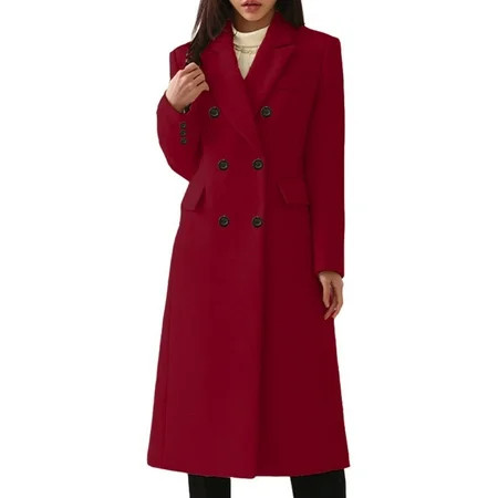 XYSCPDA Women s Fashion Casual Long Double Solid Woolen Coat with Pockets Classic Long Sleeve Double Button Woolen Coat Winter Coats for Women Red M | Walmart (US)