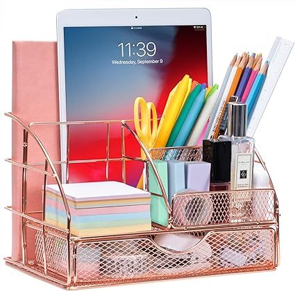 ARCOBIS Rose Gold Desk Organizer with Drawer for Women, Office Desktop Pen Holder Caddy with 5 Co... | Amazon (US)