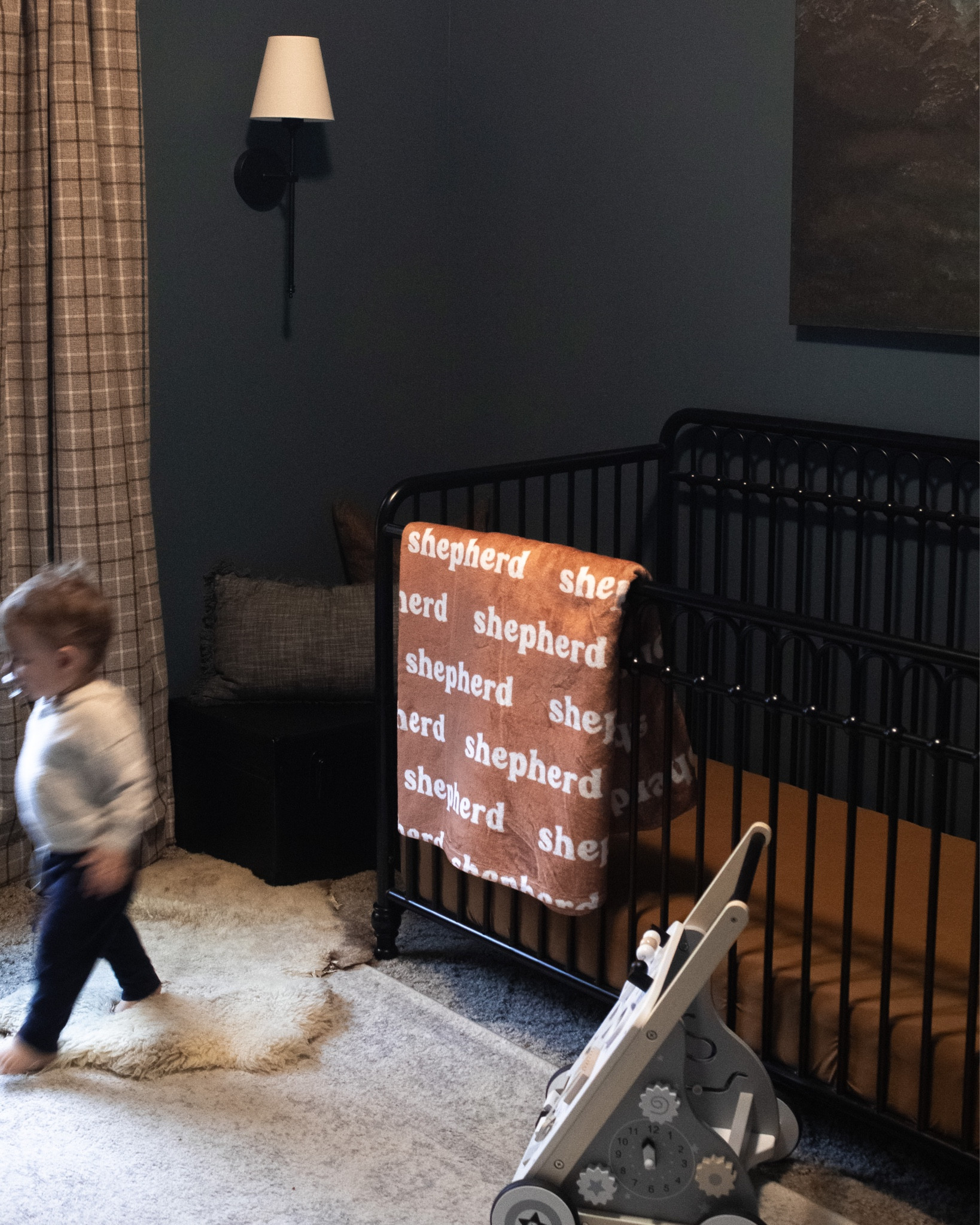 Rainy days in Shepherd’s dark and moody navy blue nursery! Love his plaid curtains and his soft name blanket. Just waiting on a new rug (linked the the one I’m thinking of) now to complete the look

#LTKbaby #LTKkids #LTKhome