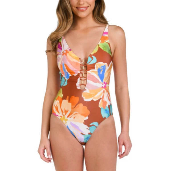 Women's La Blanca Dream Catcher Plunge One Piece Swimsuit Contemporary 10 Saharan Sands | Scheels