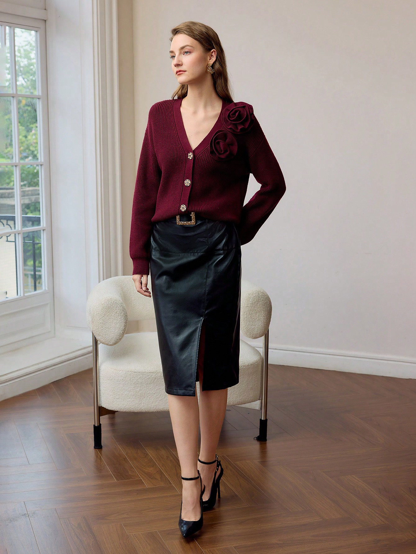 MOTF PREMIUM SOLID STEREO FLOWER DETAIL V-NECK DROP SHOULDER OVERSIZE CARDIGAN | SHEIN