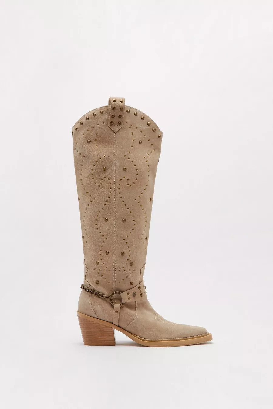 Suede Studded Harness Knee High Cowboy Boots | Nasty Gal UK (+IE)