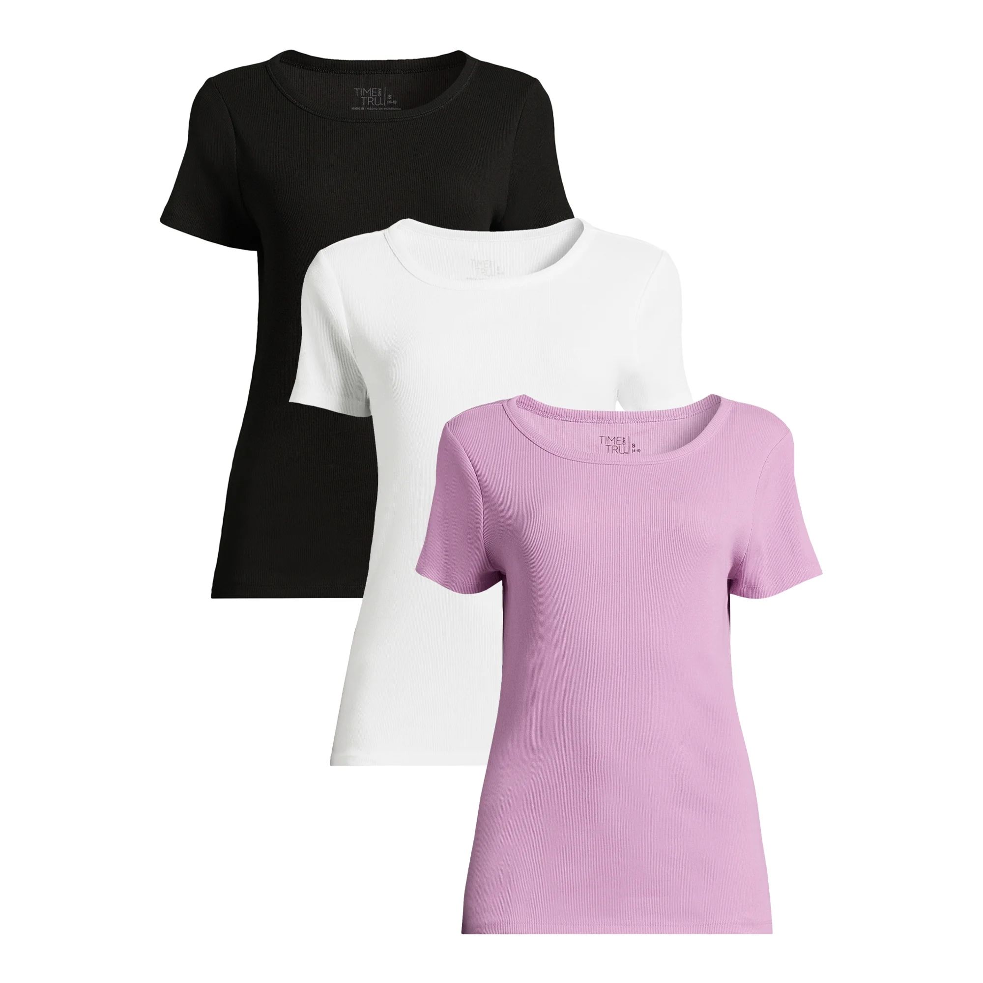 Time and Tru Women’s Rib Tee with Short Sleeves, Available in 3-Pack, Sizes XS-XXXL - Walmart.c... | Walmart (US)