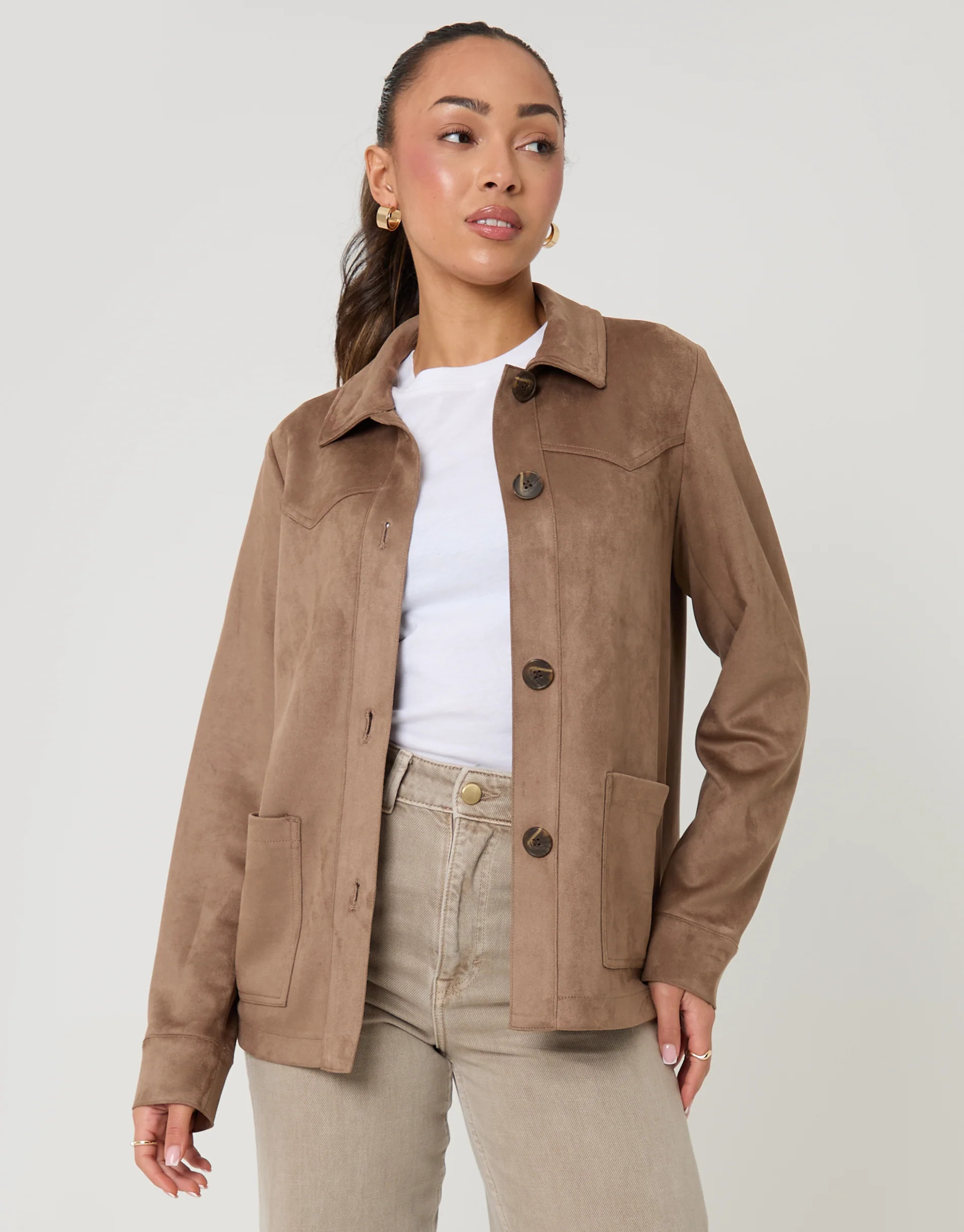 Taupe Yoke Detail Suedette Shacket | Threadbare
