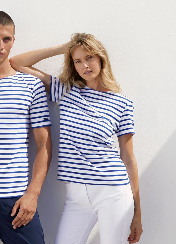 LEVANT MODERN - Breton Stripe Short Sleeve Shirt | Soft Cotton | Unisex Fit (WHITE / ROYAL BLUE) | Saint James