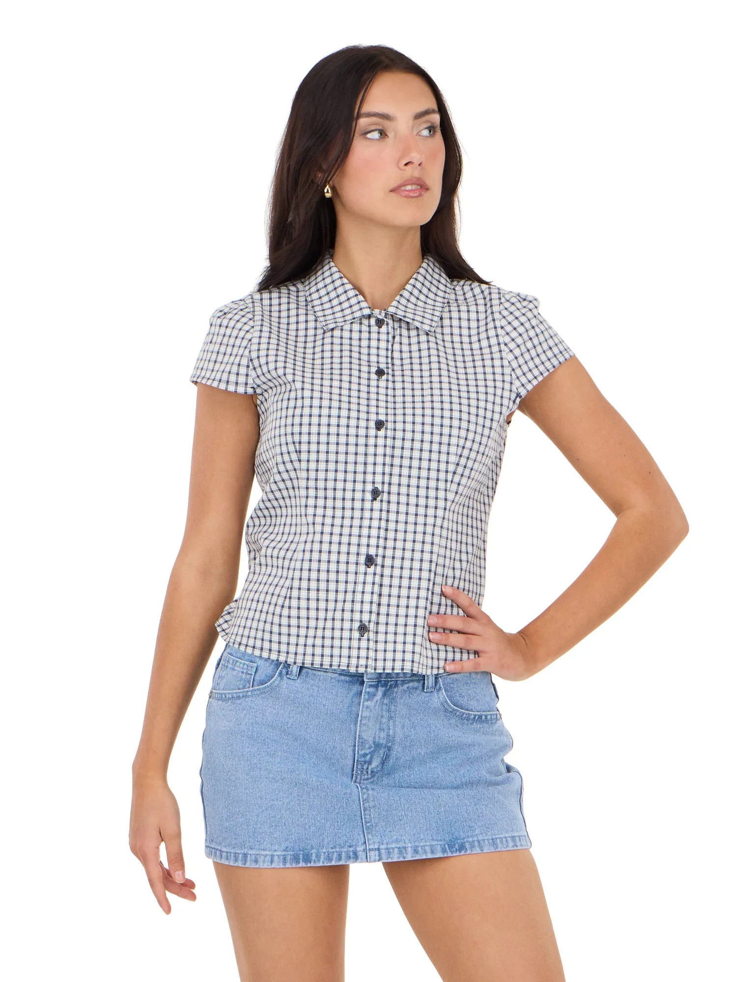 Forever 21 Women's Poplin Button Down Collared Shirt with Self Tie Back, Short Sleeve Fitted Top,... | Walmart (US)