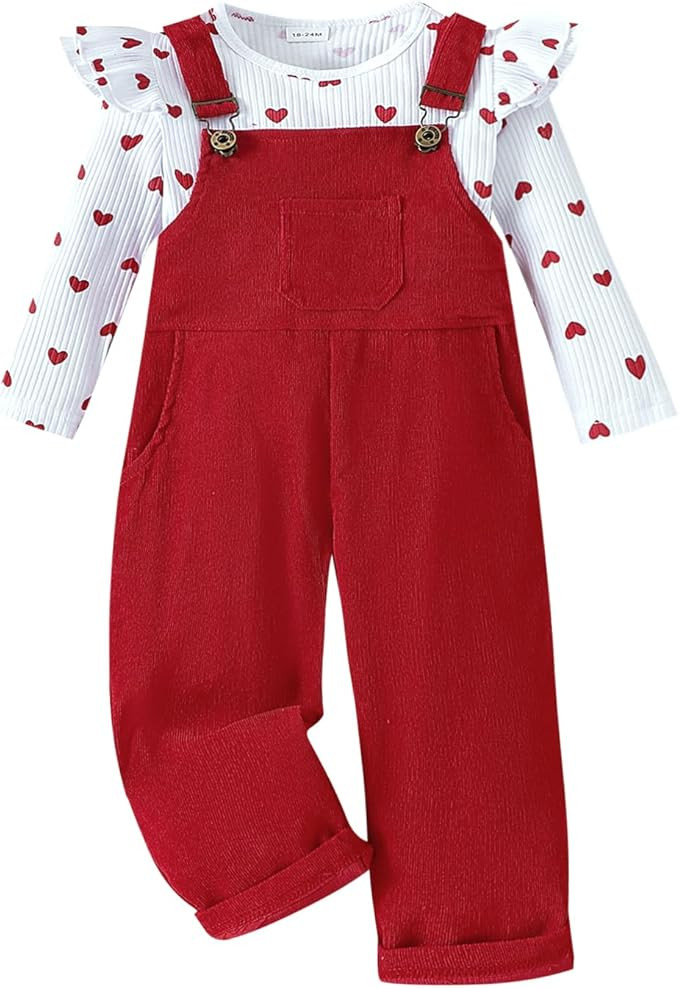 Toddler Baby Girl Valentine's Day Clothes Ruffled Sleeves Top Heart Bell Bottoms Flared Overalls ... | Amazon (US)