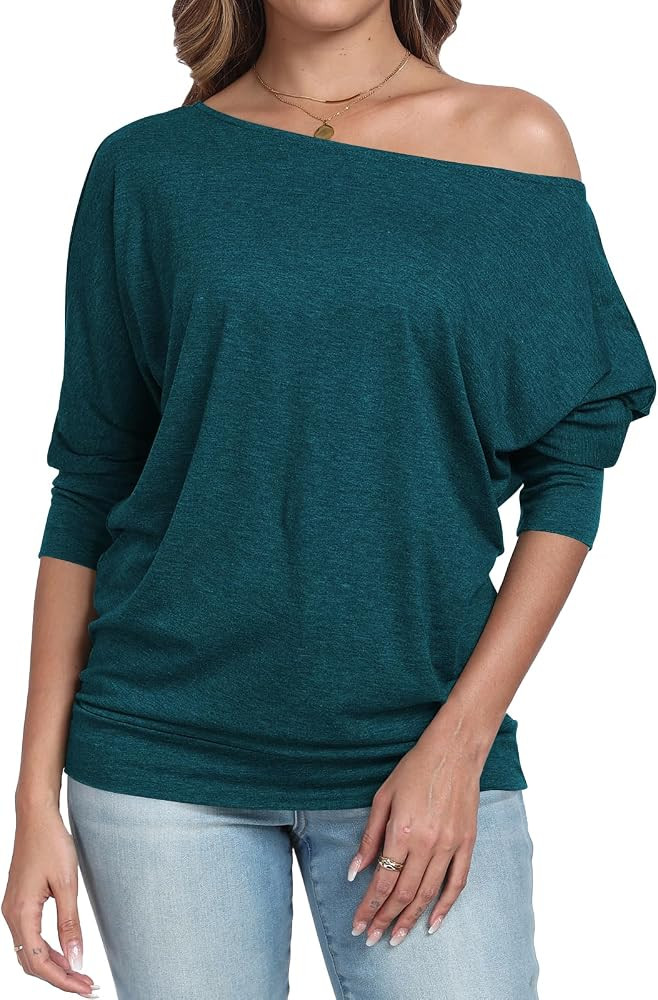 Poetsky Women's Off Shoulder Tunic Tops Dressy 3/4 Sleeve Ruched Tee Shirts | Amazon (US)