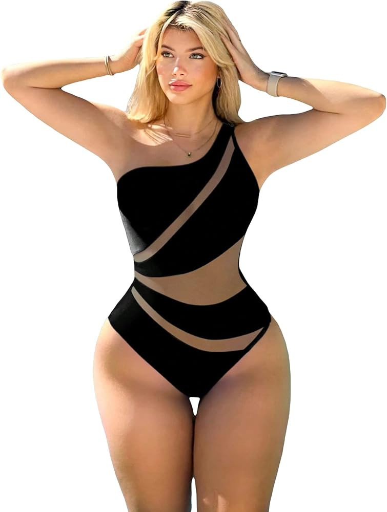 MakeMeChic Women's Color Block One Shoulder Mesh Insert One Piece Swimsuit Sexy Bathing Suit | Amazon (US)