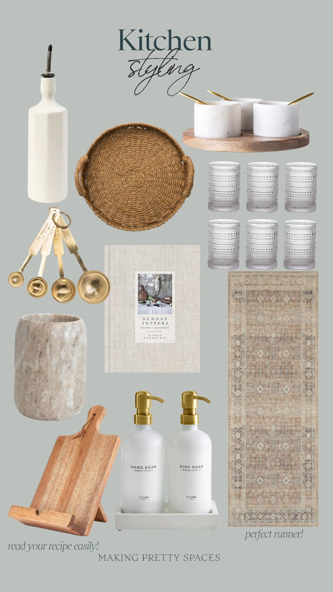 Kitchen styling, woven tray, tumbler glasses, measuring spoons, runner rug, soap dispenser, cookbook stand, utensil holder, cookbook, affordable home 

#LTKhome #LTKSeasonal #LTKfindsunder100