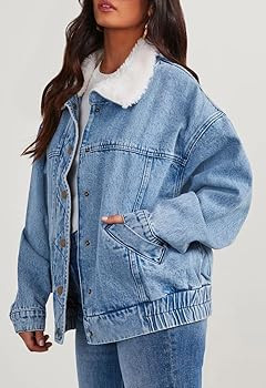 chouyatou Women's Warm Sherpa Collar Denim Jacket Faux Fur Collar Denim Coat Trucker Jacket | Amazon (US)
