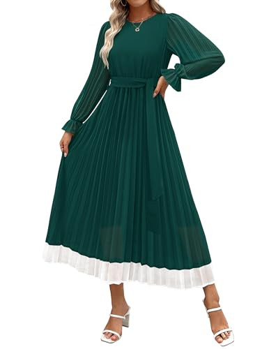 ZESICA Women's Spring Long Sleeve Chiffon Dress Casual Crew Neck Pleated A Line Flowy Midi Dresses with Belt,Dark Green,Large | Amazon (US)