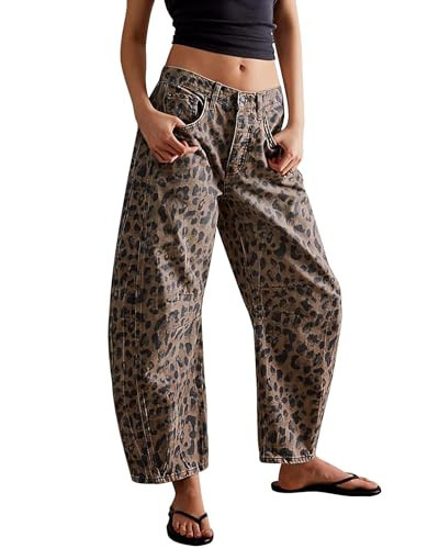 Kedera Barrel Jeans for Women Mid Rise Pull On Wide Leg Cropped Leopard Cheetah Print Y2k Baggy Denim Pants | Amazon (US)