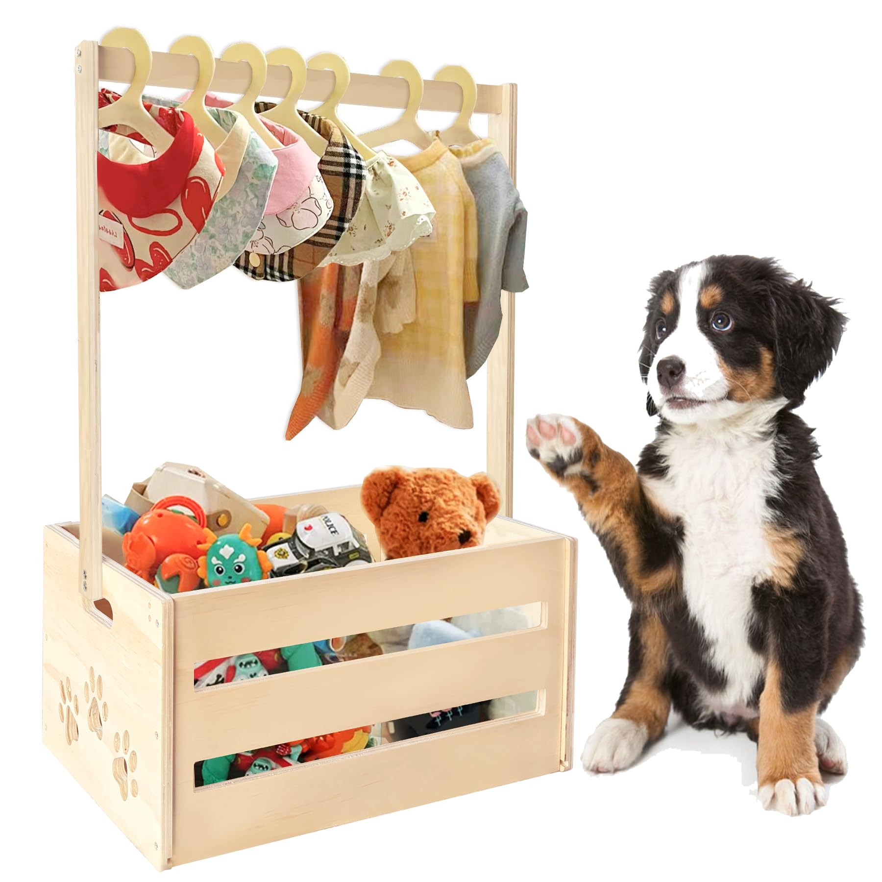 25" x 17" x 12" Wooden Pet Wardrobe Closet,Puppy Toy Basket with Hanging Rods,Pet Clothes Rack fo... | Amazon (US)