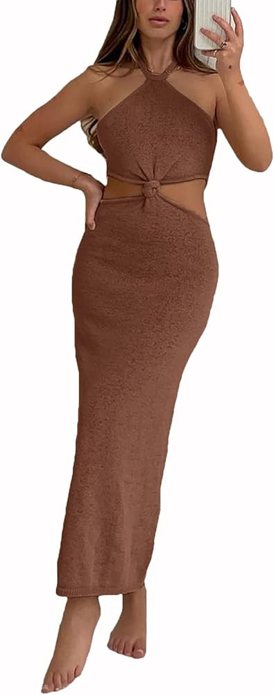 Womens Sexy Knitted Cut Out Casual Summer Beach Long Dress Spaghetti Strap/Halter Neck Backless C... | Amazon (US)