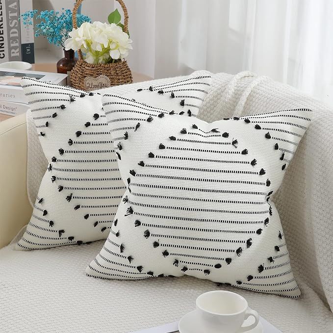 Amazon.com: Mecatny Boho Throw Pillow Covers Black and Cream White Pillow Covers 20X20 Set of 2 F... | Amazon (US)