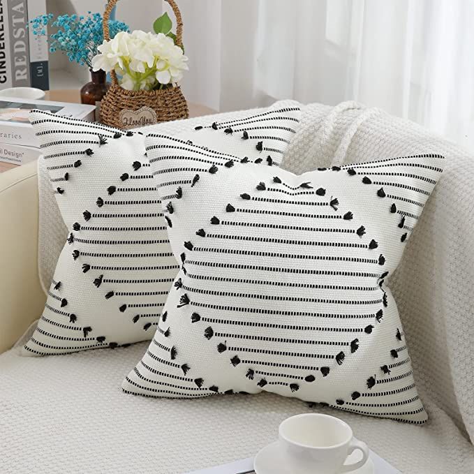 Mecatny Boho Throw Pillow Covers Black and Cream White Pillow Covers 18X18 Set of 2 Farmhouse Dec... | Amazon (US)