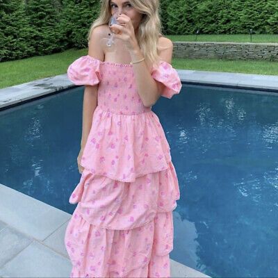LoveShackFancy for Target Simone Pink Floral Bohemian Tiered Maxi Dress M | eBay AU