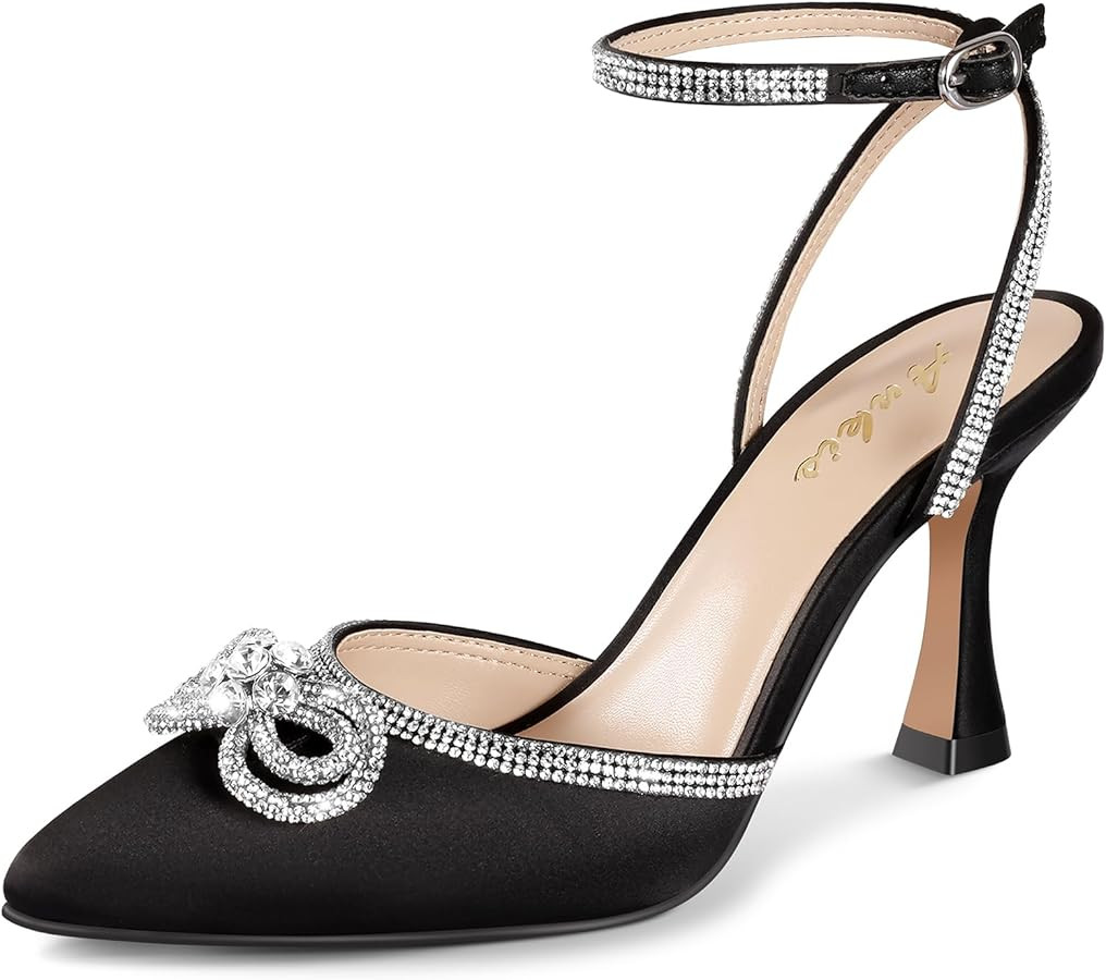 Ankis Women's Rhinestone Bow Heels Closed Toe Pumps Strappy Heels for Women | Amazon (US)