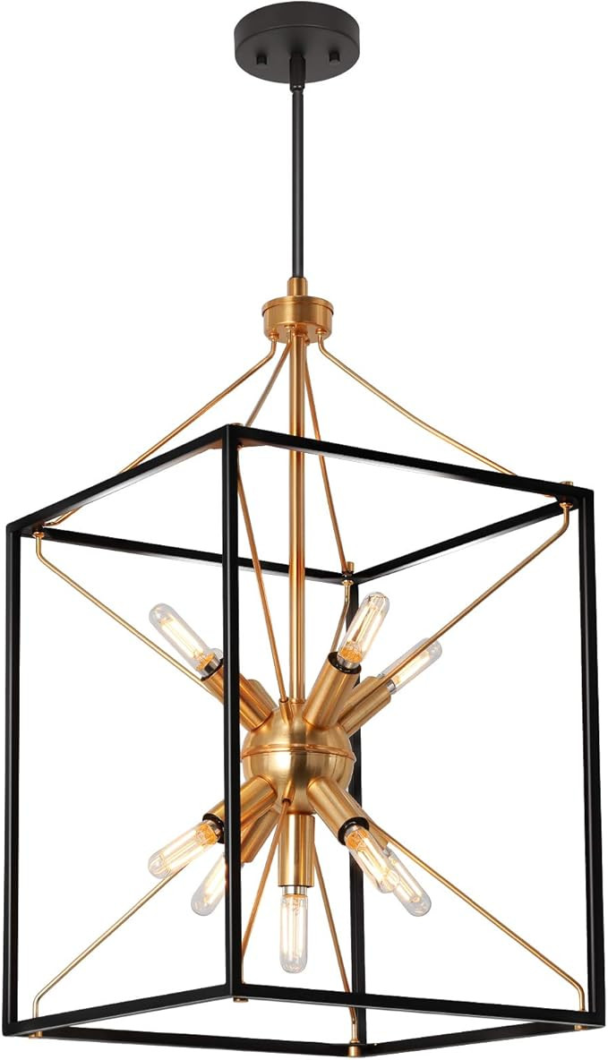 9-Light Chandelier, Adjustable Height Lantern Pendant Light with Black and Brass Finish, Metal Li... | Amazon (US)