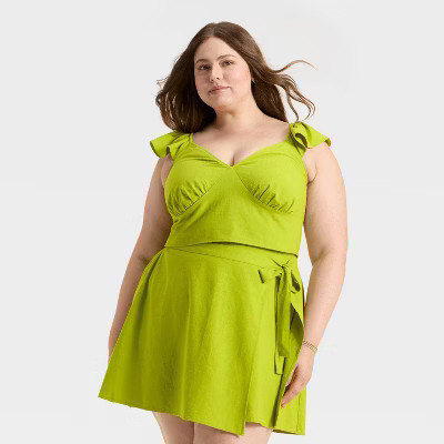 Women's Ruffle Sleeve Woven Halter Top - A New Day™ Lime Green XXL | Target