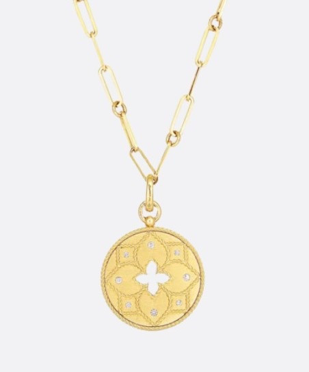 The Roberto Coin Venetian Necklace. 
I was given this piece for Christmas and it quickly became one of my favorite pieces of jewelry. 
Gold chain lariat with diamond medallion
.09 carat total diamond weight
Signature ruby in reverse side
18k gold
19” chain
Made in Italy
kimbentley, fine jewelry,

#LTKWedding #LTKOver40 #LTKGiftGuide