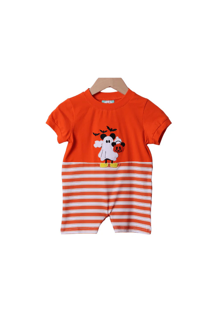Applique Spooky Mouse Orange Stripe Short Romper | The Smocked Flamingo