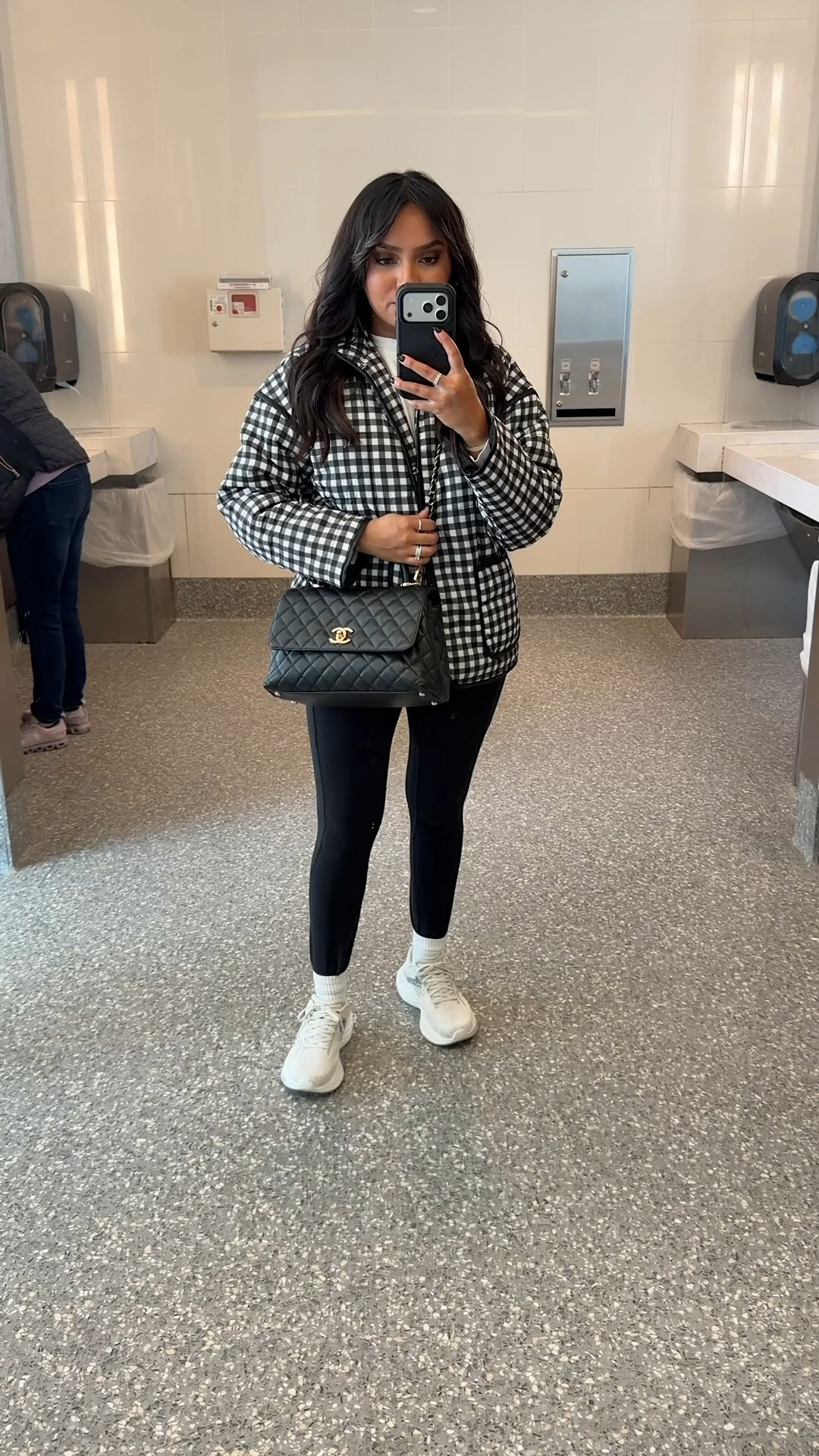 Black gingham jacket size xs TTS 
Long sleeve tee size xs - old, similar linked
Leggings size 6, 25” - I like to size up 2 sizes in this brand for a comfortable waistband. Linked similar for less!
Sneakers size 6.5 TTS 



#LTKTravel #LTKPetite #LTKStyleTip