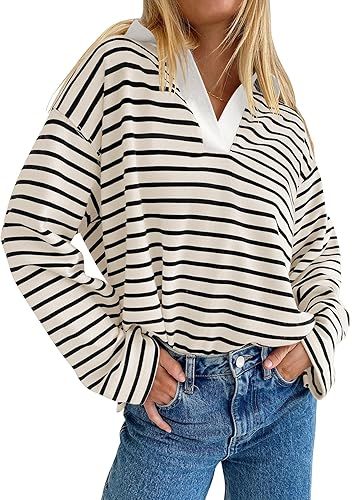 ZESICA Womens Striped Long Sleeve Shirts 2024 Casual V Neck Oversized Sweatshirt Loose Fit Tunic ... | Amazon (US)