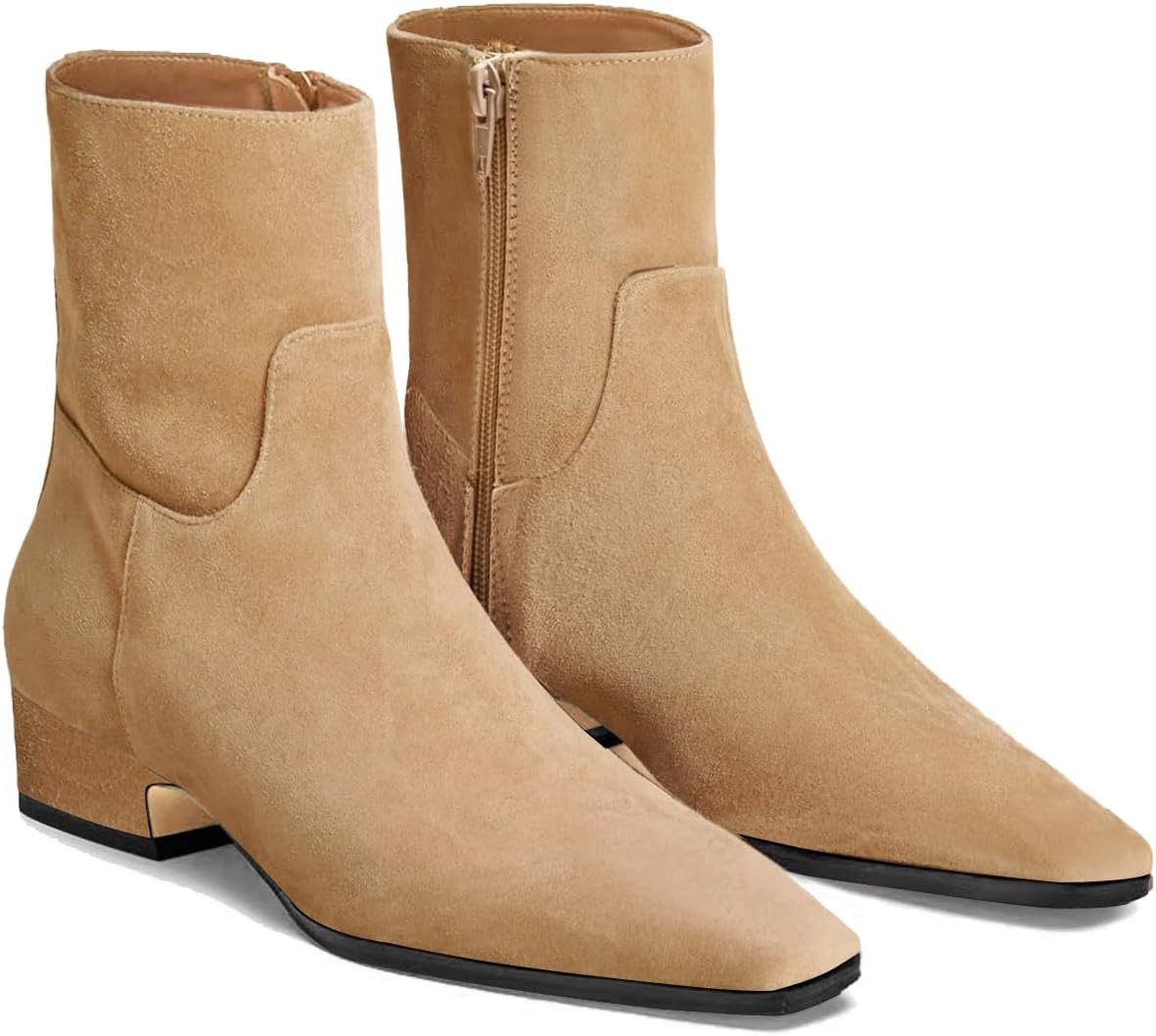 Coutgo Womens Booties Low Heel Ankle Boots Square Pointed Toe Chunky Heel Side Zipper Dressy Fall Boots Shoes | Amazon (US)