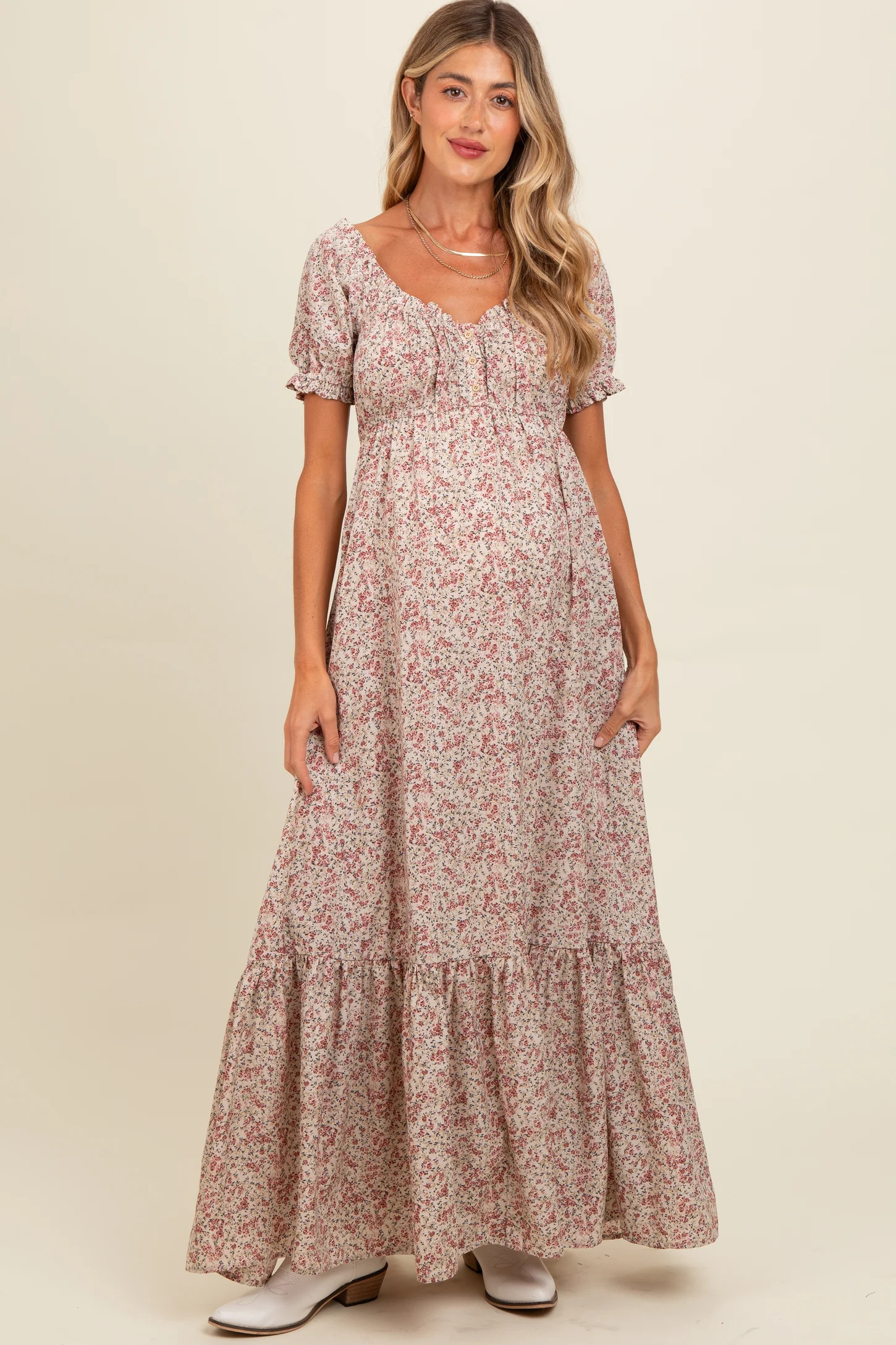 Cream Floral Button Accent Maternity Maxi Dress | PinkBlush Maternity