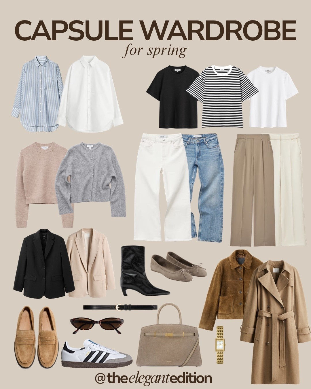 Capsule wardrobe for spring 🤍🤎
Tags: light blue striped shirt oversized white shirt crisp black tee basic white tee basic black white striped tee beige knit sweater grey cardigan button up cream white denim light blue denim taupe trousers cream trousers black blazer cream blazer black ankle boots taupe ballet flats camel suede loafers Adidas Samba sneakers white black brown suede jacket camel trench coat belted taupe leather handbag Birkin style black leather belt sunglasses tortoise gold watch spring capsule wardrobe timeless style elevated basics neutral color palette
#LTKspring #LTKstyletip #LTKeurope​​​​​​​​​​​​​​​​

#LTKstyletip #LTKeurope #LTKspring