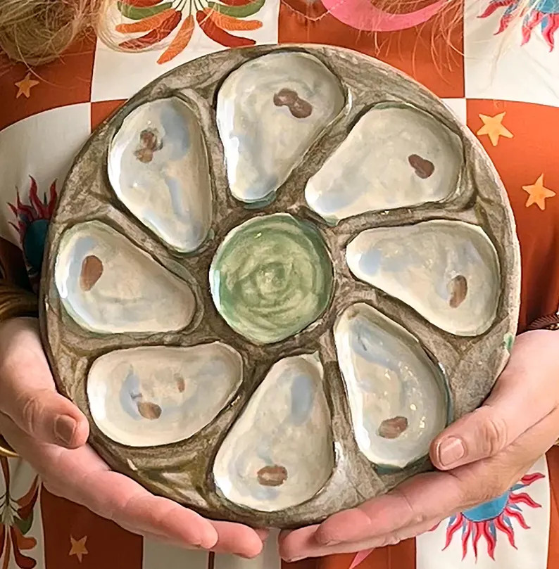Hand Built Oyster Plate 9" in Marsh Brown and Grey | Etsy (Global)