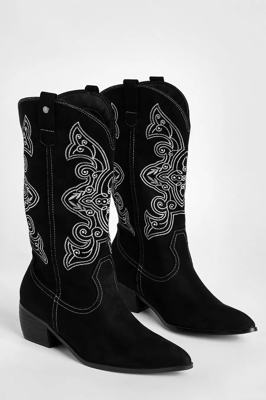 Wide Fit Contrast Embroidered Casual Cowboy Western Boots | Boohoo.com (NL)