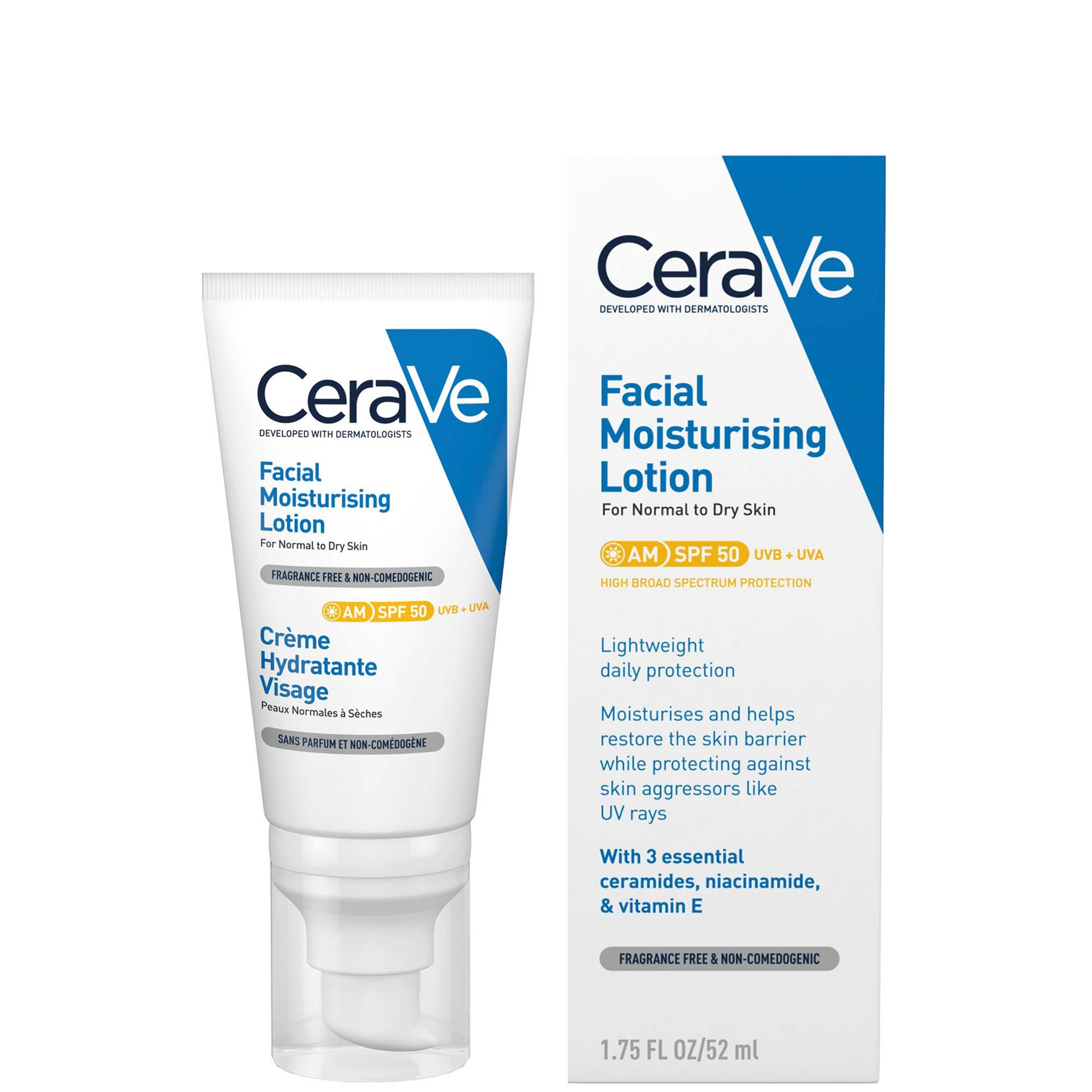 CeraVe AM Facial Moisturising Lotion SPF50 for Normal to Dry Skin 52ml | Look Fantastic (UK)