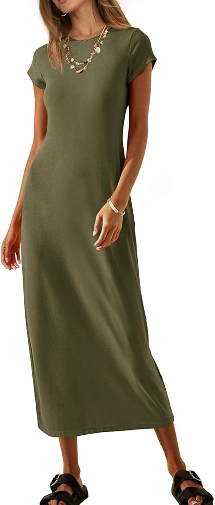 MEROKEETY Women's 2024 Summer Short Sleeve Tshirt Dress Casual Crew Neck Beach Long Maxi Dresses | Amazon (US)