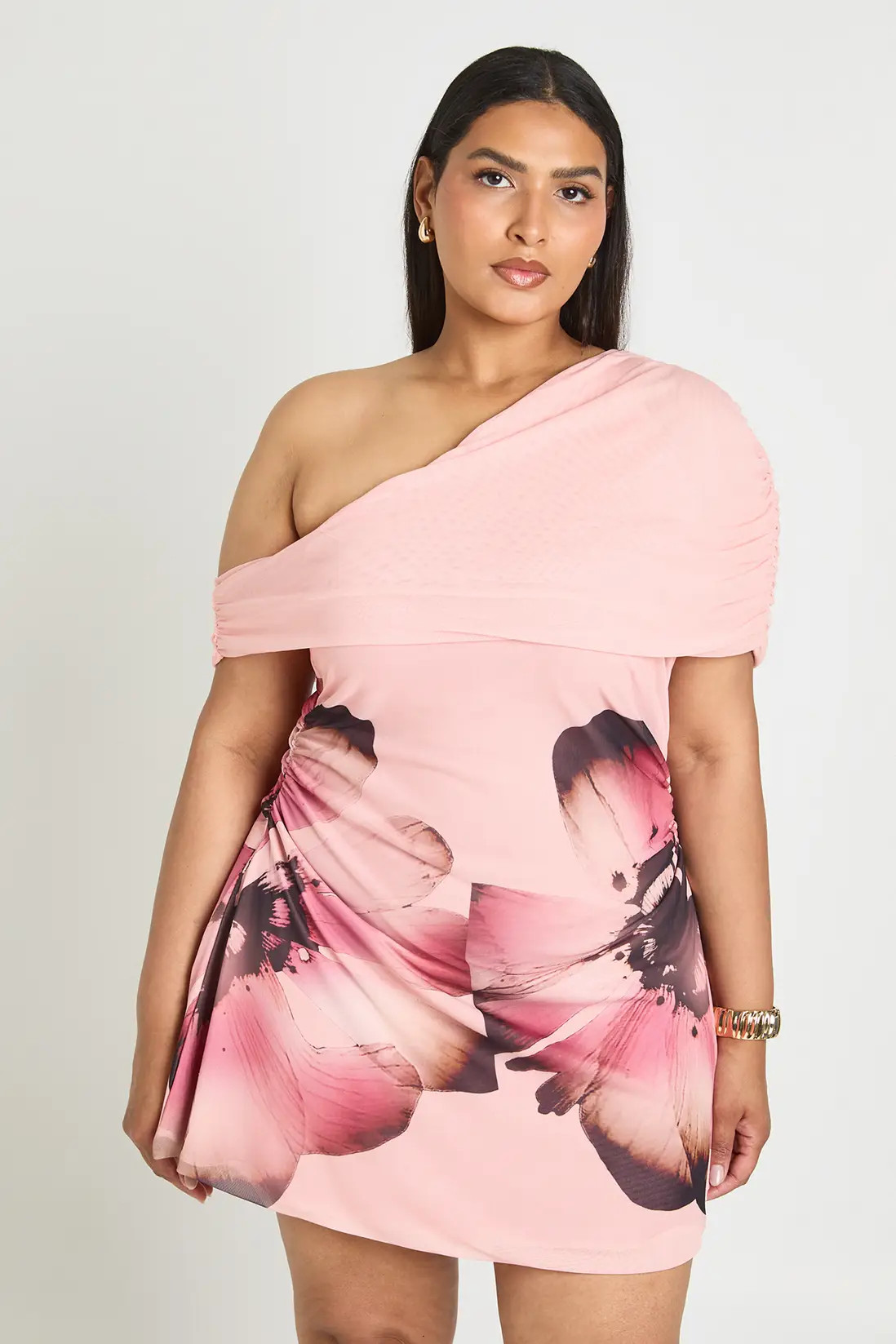 Blush boohoo Plus Mesh Large Floral One Shoulder Mini Dress | PrettyLittleThing USA | PrettyLittleThing US
