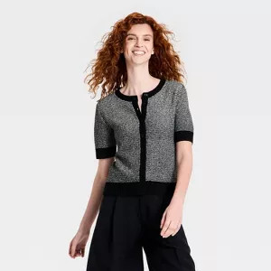 Women's Short Sleeve Button-Front Cardigan Sweater - A New Day™ Black L | Target