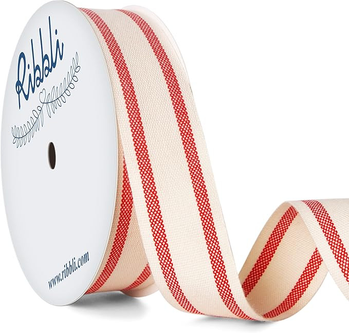 Ribbli Natural Cotton Stripe Ribbon,1 Inch x 10 Yard Spool,Natural/Red,Christmas Ribbon,Use for G... | Amazon (US)