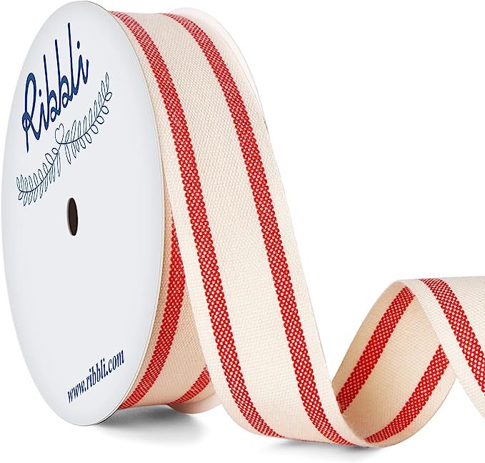 Ribbli Natural Cotton Stripe Ribbon,1 Inch x 10 Yard Spool,Natural/Red,Christmas Ribbon,Use for G... | Amazon (US)