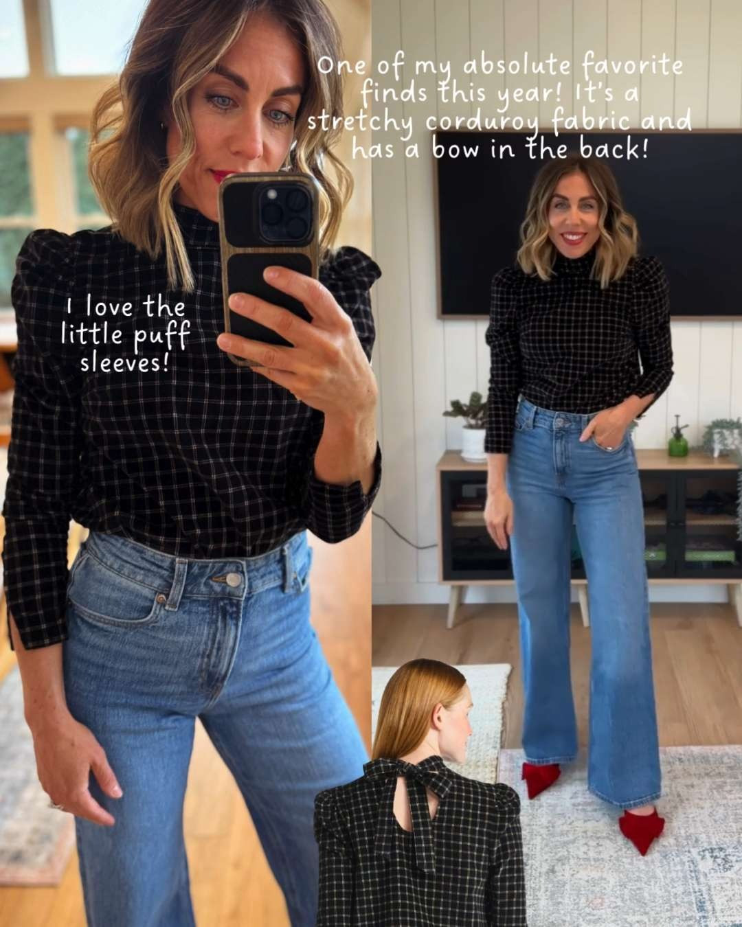 I love this stretchy, puff sleeve shirt! And the bow on the back is darling! 

 #LTKHoliday #LTKSeasonal #LTKOver40