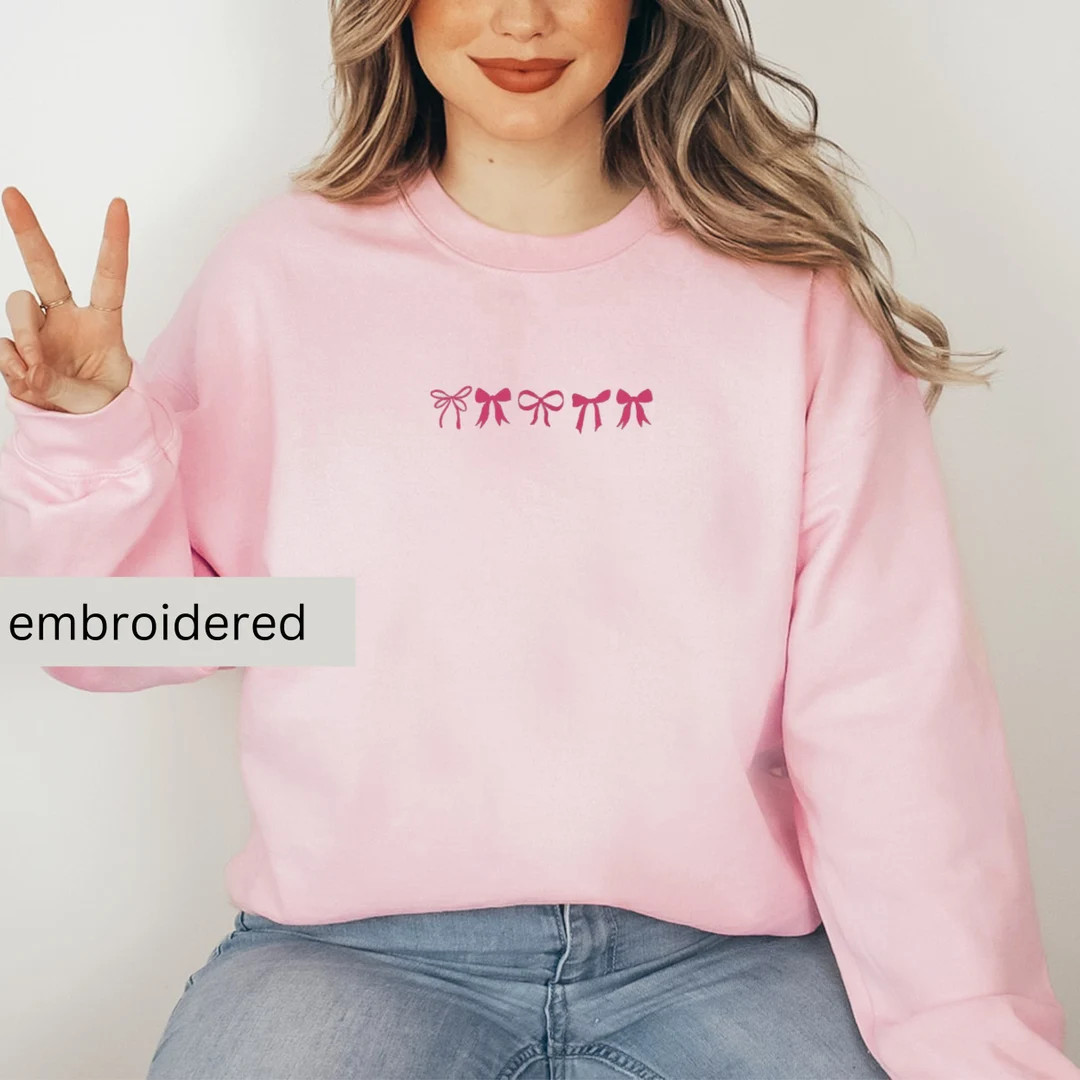 Embroidered Pink Bow Sweatshirt for Women, Pink Bow Crewneck, Valentine's Day Gift, Pink Ribbon B... | Etsy (US)