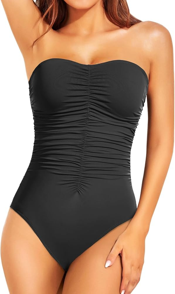 Holipick Women Strapless One Piece Swimsuits Tummy Control Bandeau Bathing Suits Slimming Ruche... | Amazon (US)