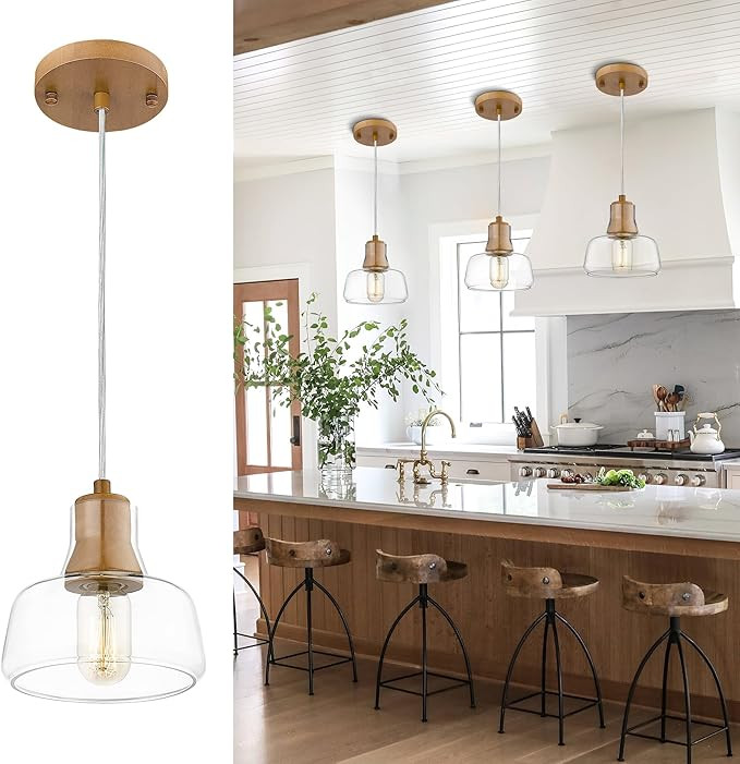 Ken & Ricky Clear Glass Pendant Light, Hanging Light Fixture with Solid Walnut Wood, Modern Kitch... | Amazon (US)