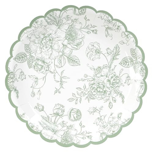 Elyxio 24 Pcs Floral Party Plates Floral Leaf Scalloped Disposable Paper Plates Sage Green and White Toile 9" Dinner Plates for Christmas Bridal Baby Shower Tea Party Supplies Table Decor | Amazon (US)