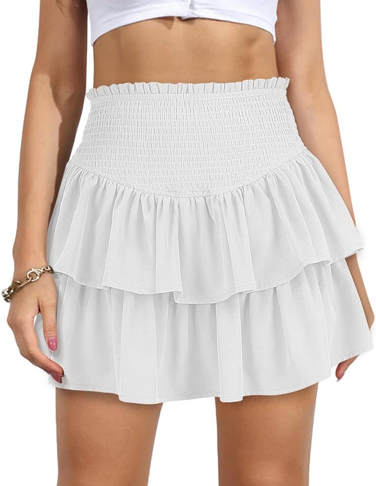 Women's High Waist Ruffle Mini Skirt Cute Tiered Short Skirt with Shorts Underneath | Amazon (US)