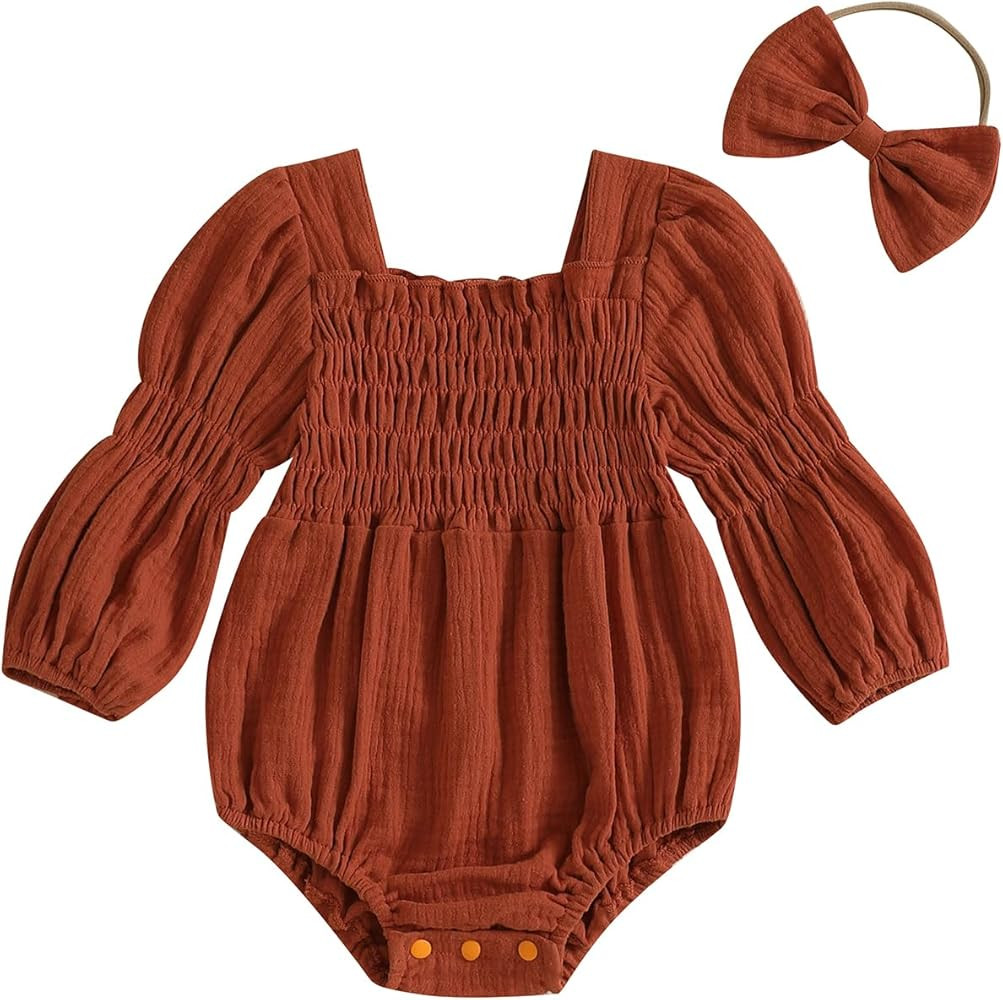 Smocked Baby Girl Clothes Newborn Girl Bubble Romper Long Sleeve Jumpsuit And Headband Outfit Cut... | Amazon (US)