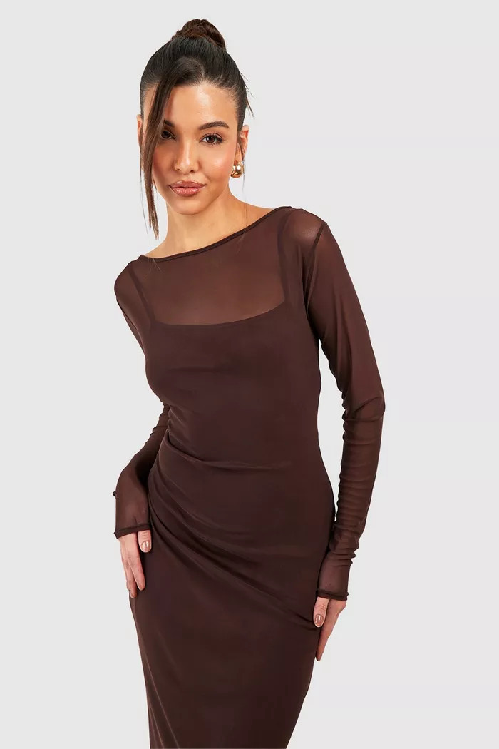 Sheer Mesh Contrast Midi Dress | boohoo (US & Canada)
