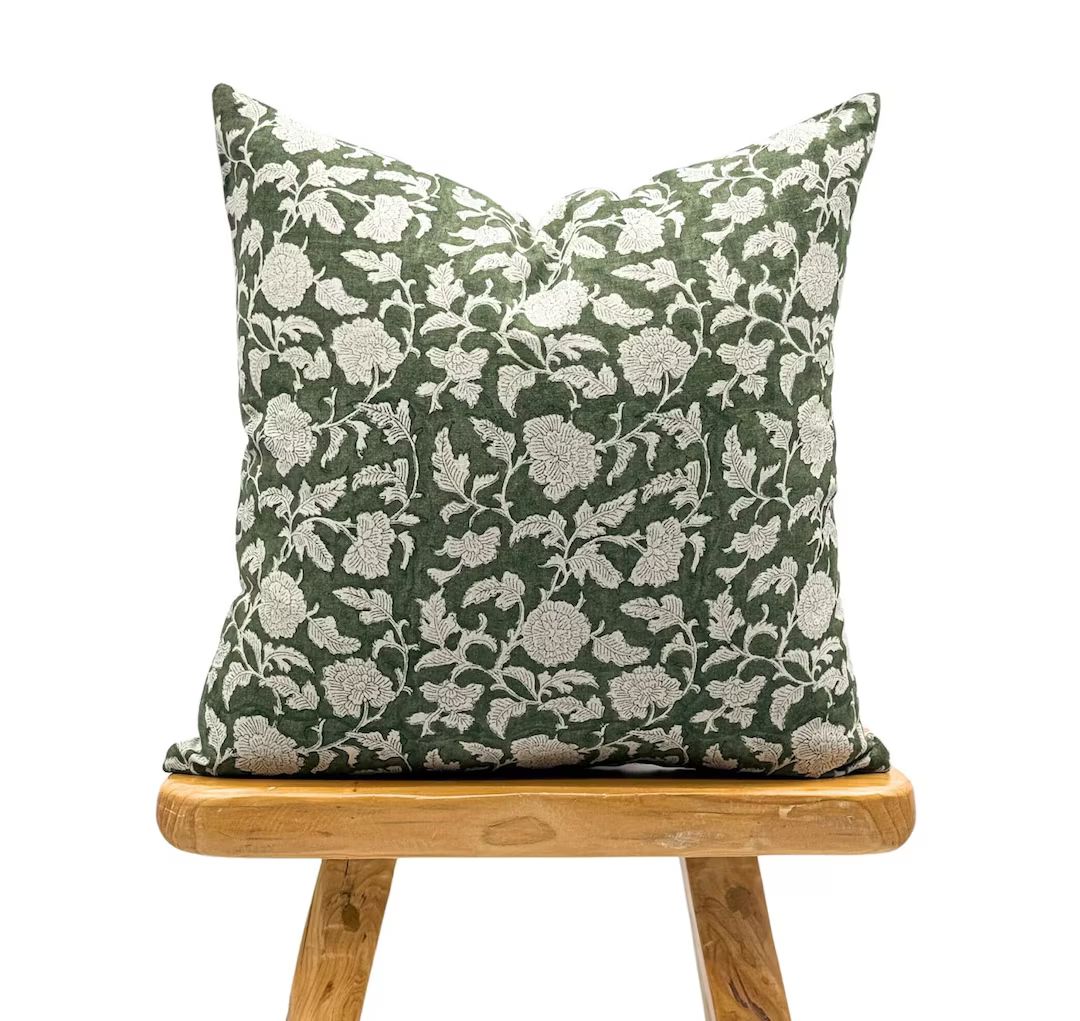 Designer Olive Green Floral on Natural Linen Pillow Cover, Dark Green Pillow, Boho Pillow, Farmho... | Etsy (US)