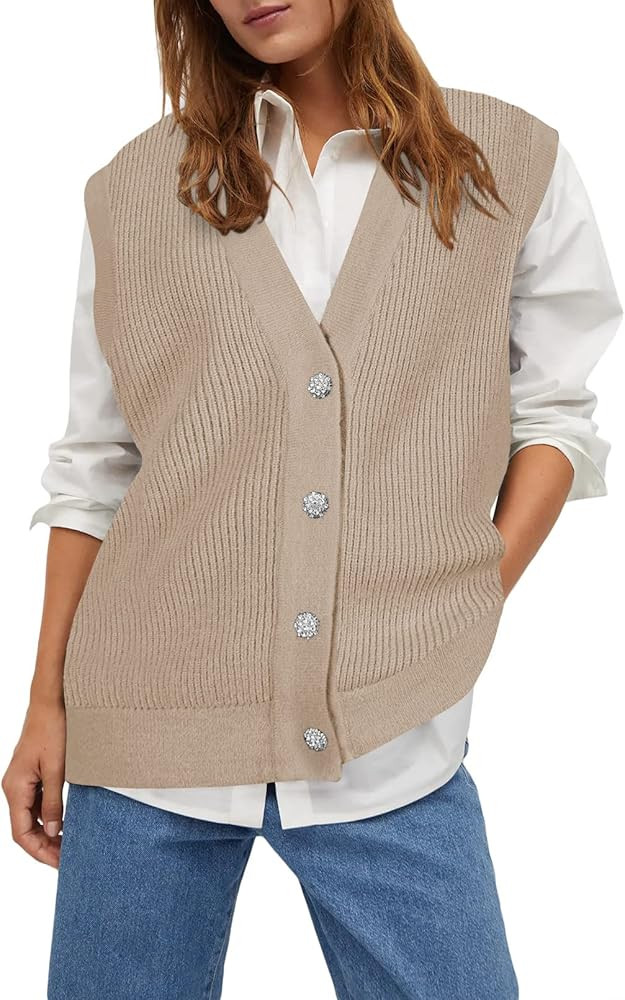 Viottiset Women's Oversized Houndstooth Sweater Vest V Neck Button Sleeveless Knit Cardigan | Amazon (US)
